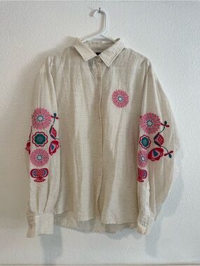 Blair Cream Button-Down Shirt with Pink & Teal Floral Embroidery
